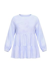 Lichtblauwe blouse met lange mouwen en losse lagen, met een ronde hals en textuurstof. Heeft geplooide mouwen en een vloeiende pasvorm.