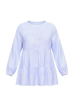 Jasnoniebieska, długorękawowa bluzka z falbanami, z okrągłym dekoltem i teksturowanym materiałem. Charakteryzuje się marszczonymi rękawami i zwiewnym fasonem.