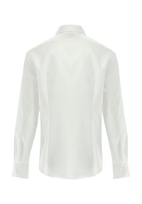 Weißes Langarmhemd mit glatter Textur, klassischem Kragen und geknöpften Manschetten. Einfaches Design ohne Muster oder Akzente.