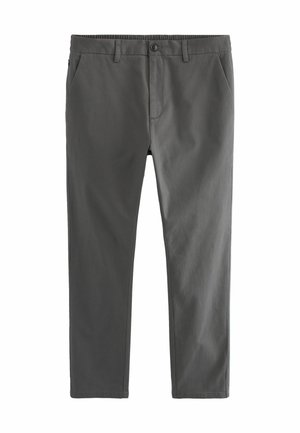 Sivé bavlnené chino nohavice so strihom rovného strihu. Obsahujú zips, zapínanie na gombík a dve predné vrecká. Hladká textúra a minimálne detaily.