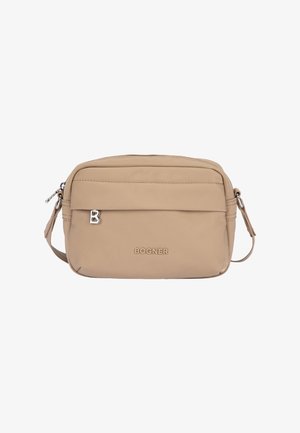 Bolso bandolera rectangular beige con bolsillo delantero con cremallera, correa ajustable, charm plateado con el logo "B" y la palabra "BOGNER" grabada en el frente.