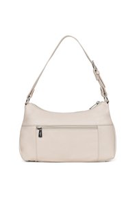 Lichtbeige leren schoudertas met een ritsopening aan de bovenkant, een verstelbare schouderband en een voorzak met rits. Gladde textuur met minimale accenten.