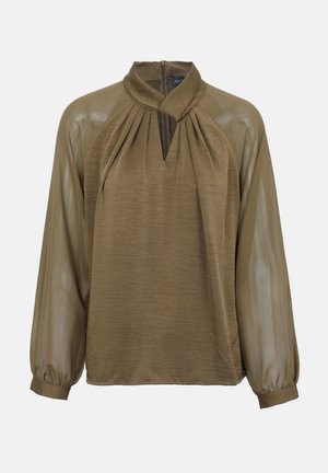 Καφέ σατέν μπλούζα με σούρες στο λαιμό, διάφανα μακριά μανίκια, άνοιγμα στο μπροστινό μέρος και φερμουάρ στο πίσω μέρος.