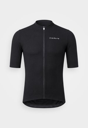 Black short-sleeve cycling jersey with full front zipper and white "Isadore" logo on left chest.