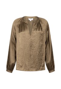 Bruine zijden blouse met een ronde halslijn, lange mouwen en een losse pasvorm. Beschikt over een subtiele textuur en een voorkant met een split voor comfortabel dragen.
