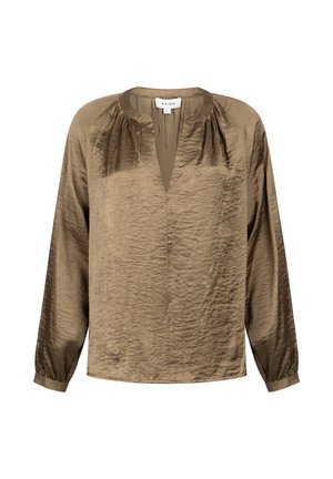 Braune Seidenbluse mit Rundhalsausschnitt, langen Ärmeln und lockerer Passform. Sie verfügt über eine dezente Textur und einen vorderen Schlitz für angenehmen Tragekomfort.