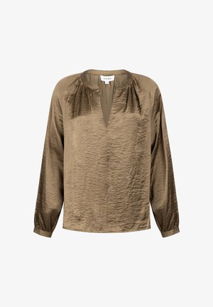 Bruine zijden blouse met een ronde halslijn, lange mouwen en een losse pasvorm. Beschikt over een subtiele textuur en een voorkant met een split voor comfortabel dragen.