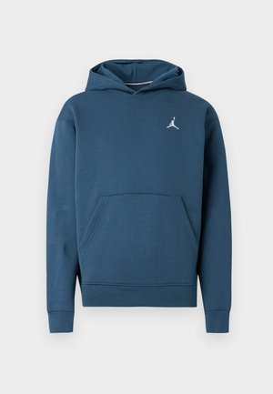 Temno modra jopa s kapuco, izdelana iz mehke tkanine. Ima sprednji žep kangaroo in beli silhuetni logotip na prsih.