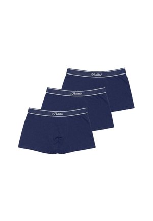Tres pares de calzoncillos de boxero azul marino hechos de algodón suave, con una cinturilla gris claro que presenta un logo y un diseño de ajuste ceñido.