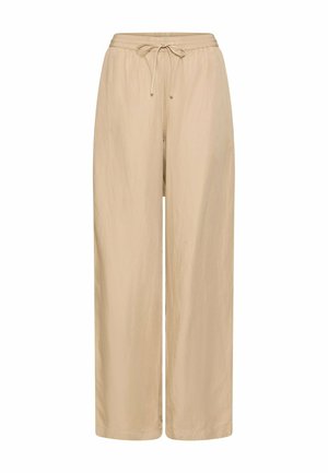 Beige bukser med vide ben, elastik i taljen og snøre foran, vist på en hvid baggrund.