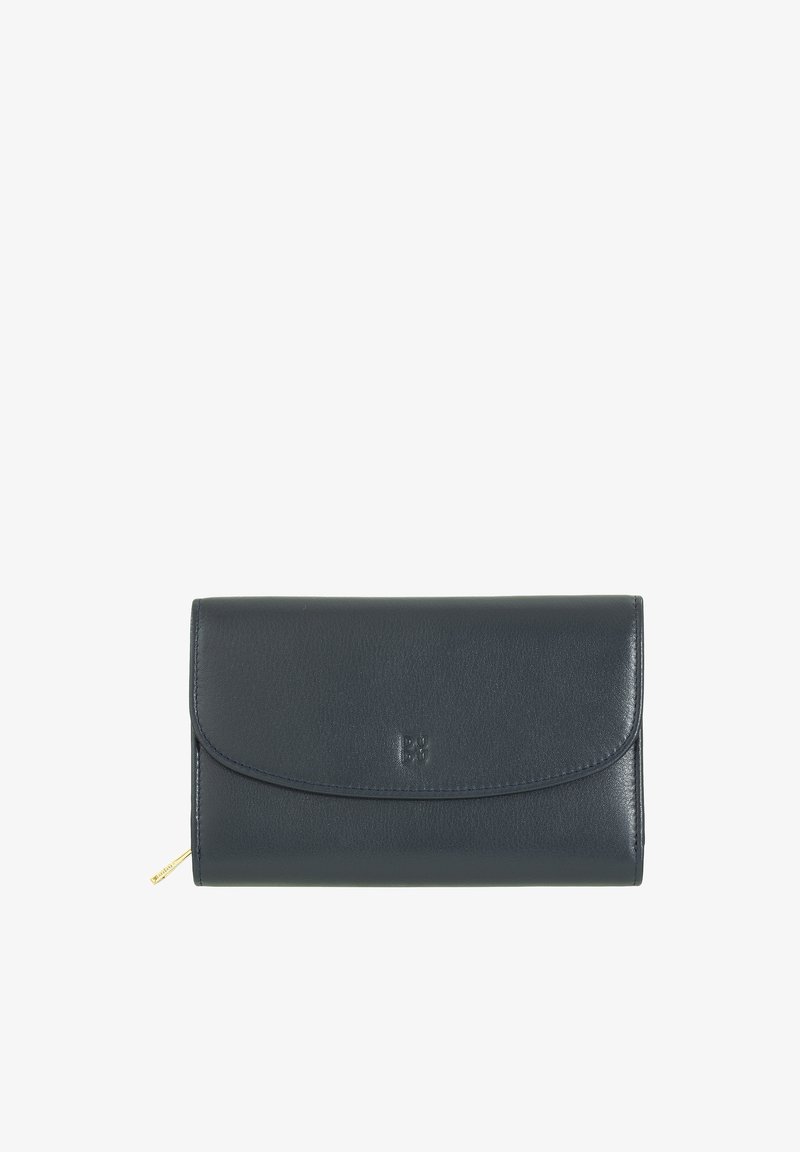 Navy leather wallet with a smooth texture, featuring a flap closure and subtle embossed logo. Includes a short gold zipper detail.