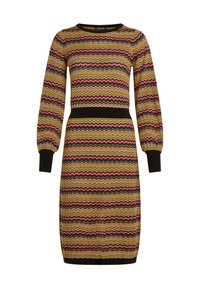 Abito in maglia con un motivo a onde multicolore in verde, giallo, rosso e nero, con scollo rotondo e maniche lunghe.