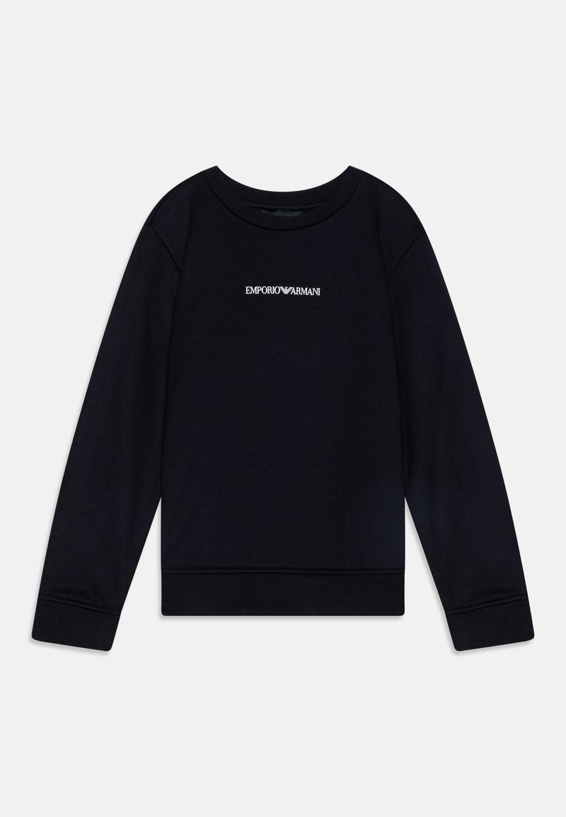 Sweatshirt preto com mangas longas e decote redondo. Apresenta o logótipo "Emporio Armani" em branco no peito. Tecido suave; punhos e bainha canelados.