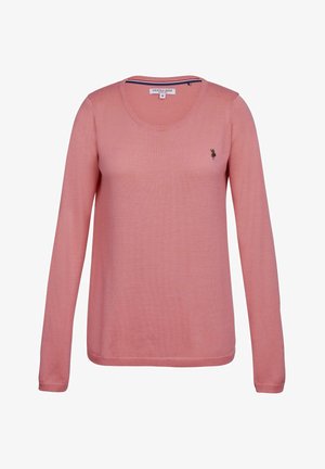 Világos rózsaszín, hosszú ujjú pulóver, kerek nyakkivágással, bordás mandzsettákkal és egy kis hímzett logóval a mellkason. Puhán kötött textúra.