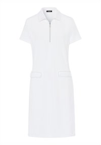 Witte korte jurk met een ritskraag, gestructureerde stof, twee voorzakken met pluche accenten en een lengte tot de knie.