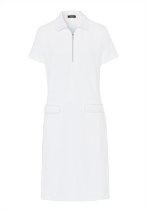 Witte korte jurk met een ritskraag, gestructureerde stof, twee voorzakken met pluche accenten en een lengte tot de knie.