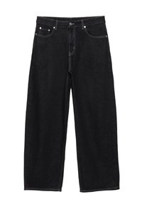 Jean en denim noir avec cinq poches, fermeture par bouton, coupe droite à jambe large visible de face sur fond blanc.