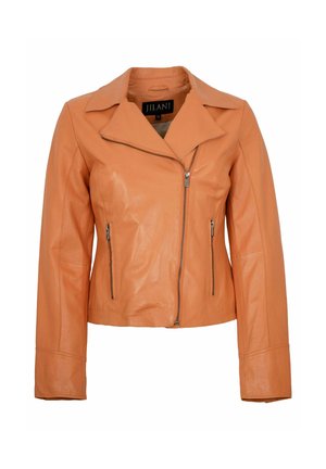 Damen leichte braune Lederjacke mit asymmetrischem Frontreißverschluss und zwei vertikalen Reißverschlusstaschen, Kragen und langen Ärmeln.