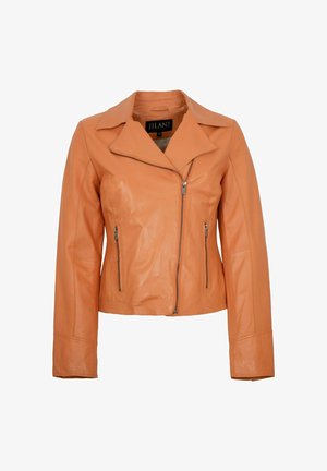 Damen leichte braune Lederjacke mit asymmetrischem Frontreißverschluss und zwei vertikalen Reißverschlusstaschen, Kragen und langen Ärmeln.