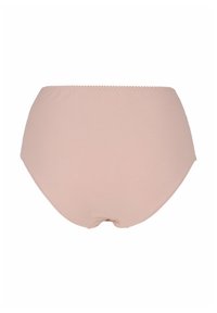 Högmidjade damunderkläder i mjukt, ljusrosa tyg med en slät yta och elastiskt midjeband, med en klassisk skärning och minimal sömnad.