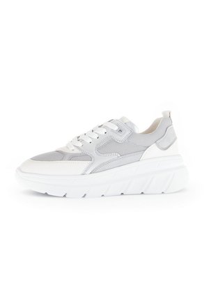 Lightweight grey and white sneakers with a mesh and synthetic upper, thick sole, round toe, and laces. Subtle accents on the sides.