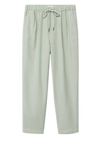 Světle zelené kalhoty volného střihu s elastickým pasem, zavazováním na šňůrku a bočními kapsami. Měkká textura, rovný střih.