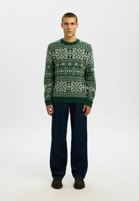 Maglione verde lavorato a maglia con motivi geometrici crema, scollo rotondo, maniche lunghe, abbinato a pantaloni in denim scuro e scarpe marroni.