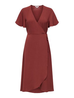 Wikkeljurk in roestrood met korte, fladderende mouwen, V-halslijn en een strikdetail in de taille, midi lengte met een gebogen zoom.