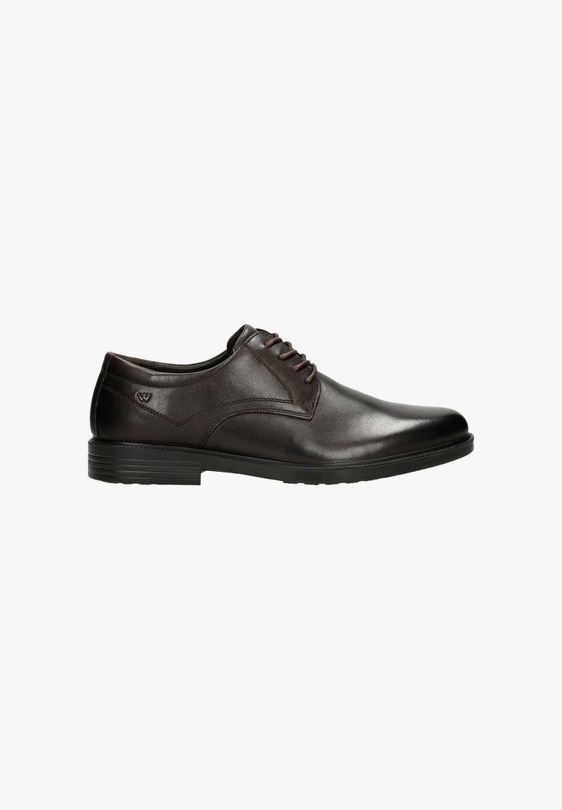 Schwarzer Herrenschuh aus Leder mit Schnürung vorne, flachem Absatz und glatter Oberfläche, seitlich auf weißem Hintergrund dargestellt.