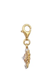 Charm en métal doré avec fermoir de type homard, au design en rayons de soleil, comportant un cristal central et des accents en argent, surface texturée avec des détails réfléchissants.