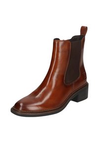 Braune Leder-Chelsea-Boots mit elastischen Seitenpaneelen, glatter Oberfläche, erhöhten Nähten und niedrigem Blockabsatz.