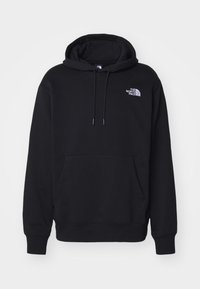 Sweat à capuche noir avec cordons, poche kangourou à l'avant et petit logo blanc The North Face sur la poitrine gauche.