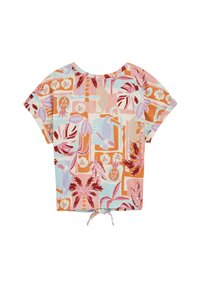 Camicetta corta a maniche corte con un motivo tropicale multicolore che presenta motivi botanici e animali in arancione, rosa, blu e crema.