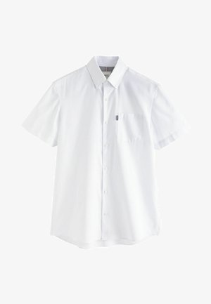 Korte mouw witte shirt gemaakt van een katoenmix, met een button-down kraag, borstzak en een subtiele geprinte binnenkant van de hals.