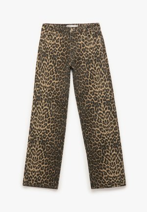 Leopardprint broeken in bruin en zwart, gemaakt van denim met een rechte pijp, voorzien van een klassieke tailleband en voorzakken.