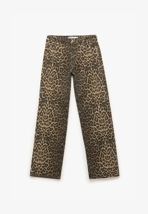 Leopardenmuster-Hosen in Braun und Schwarz, aus Denim gefertigt, mit geradem Bein, ausgestattet mit einem klassischen Bund und vorderen Taschen.