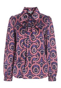 Langemouw blouse van een zijdezachte stof met een marineblauwe achtergrond en roze en paarse cirkelpatronen, een striknek en Gathered cuffs.