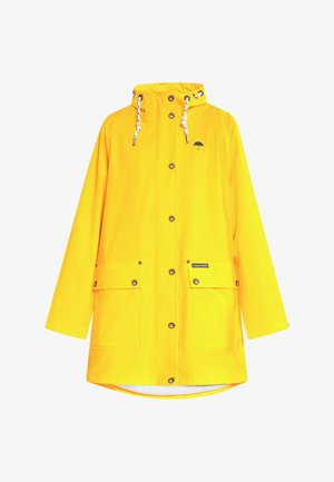 Impermeabile giallo con cappuccio, regolabile con coulisse, due tasche frontali, chiusure a pressione e un sottile dettaglio del logo.