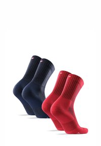 Calcetines de crew de mezcla de algodón en azul marino y rojo, con textura acanalada y refuerzo en el talón y la punta para mayor durabilidad.