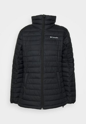 Black puffer jacket with a high collar and vertical stitching. Features a full zipper and Columbia logo on the left chest area.