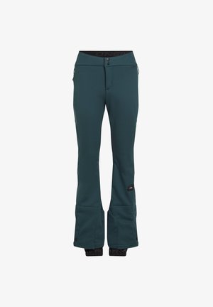 Türkise Skihosen mit taillierter Passform, Reißverschlusstaschen und elastischen Bündchen. Weicher, dehnbarer Stoff mit einem Logo-Patch auf der Vorderseite.