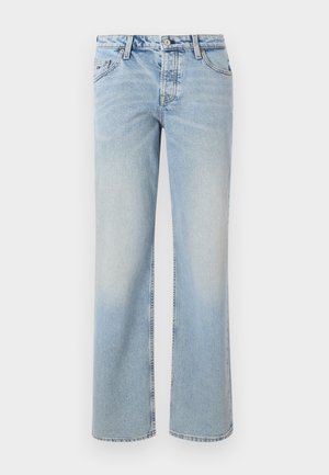 Lichtblauwe straight-leg denim jeans met voor- en achterzakken, riemlussen, ritssluiting en knoopsluiting.