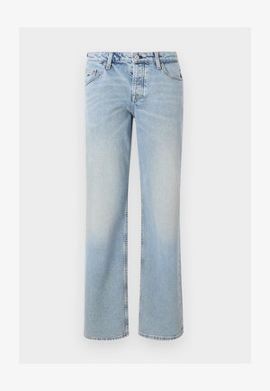 Lyseblå straight-leg denimjeans med lommer foran og bak, beltehemper, glidelås og knappestengning.