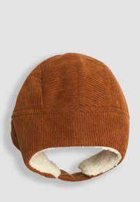 Cappello in corduroy marrone con paraorecchie, caratterizzato da una superficie texturizzata e un morbido rivestimento interno in pile bianco per il calore.