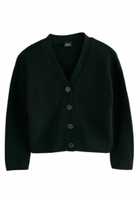 Zwarte geribbelde cardigan met een V-hals, voorzien van een rij van vijf knopen aan de voorkant en lange mouwen. Zachte textuur, casual ontwerp.