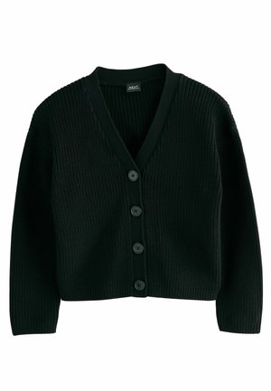 Schwarze gerippte Strickjacke mit V-Ausschnitt, ausgestattet mit einer Reihe von fünf Knöpfen an der Vorderseite und langen Ärmeln. Weicher Stoff, lässiges Design.