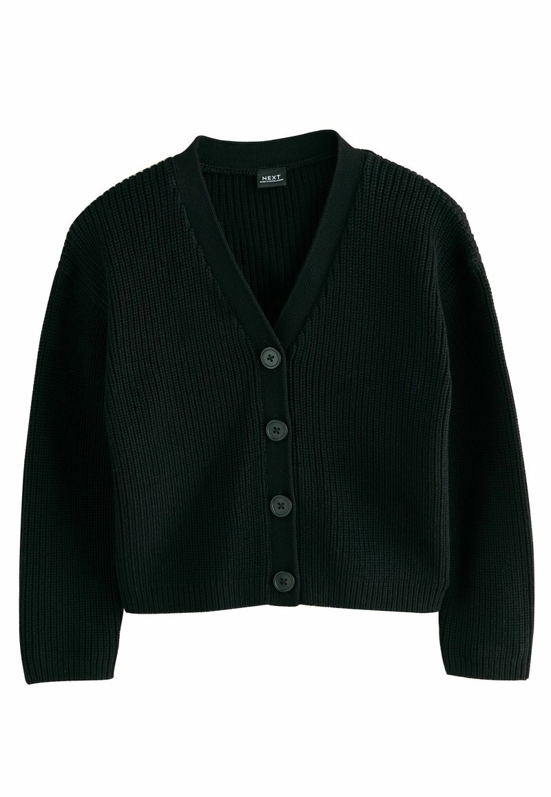 Zwarte geribbelde cardigan met een V-hals, voorzien van een rij van vijf knopen aan de voorkant en lange mouwen. Zachte textuur, casual ontwerp.