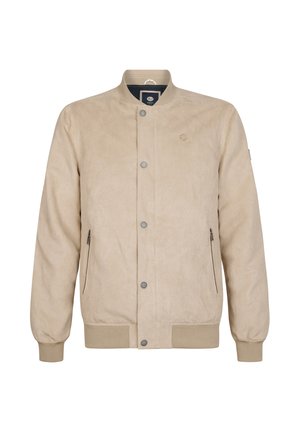 Giacca bomber beige con una texture liscia simile alla camoscio, caratterizzata da un colletto alla coreana, bottoni a pressione e tasche laterali con cerniera.
