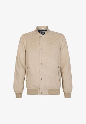 Beige bomberjakke med en glat, ruskindslignende tekstur, der har en ståkrave, trykknapper og lynlåslommer i siderne.