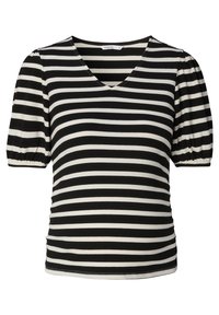 Sort og hvid stribet t-shirt med kortærmer, V-udskæring og sammenfoldede puffærmer, lavet af ribbet stof. Slank og tætsiddende design.